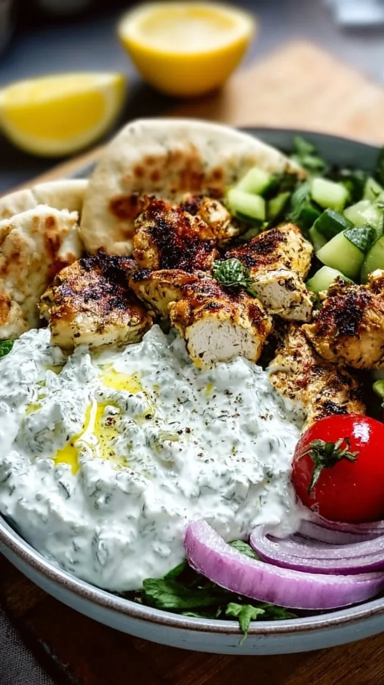 Plate of Tzatziki Chicken with fresh herbs and tzatziki sauce